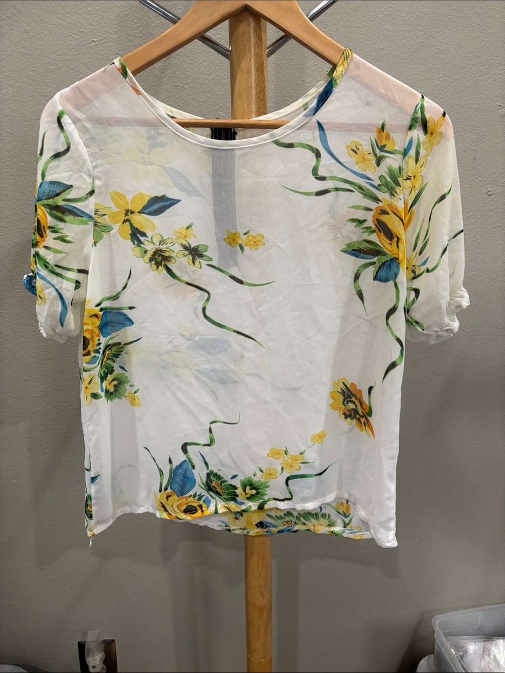 White Floral Short-Sleeve Blouse with Yellow & Green Print